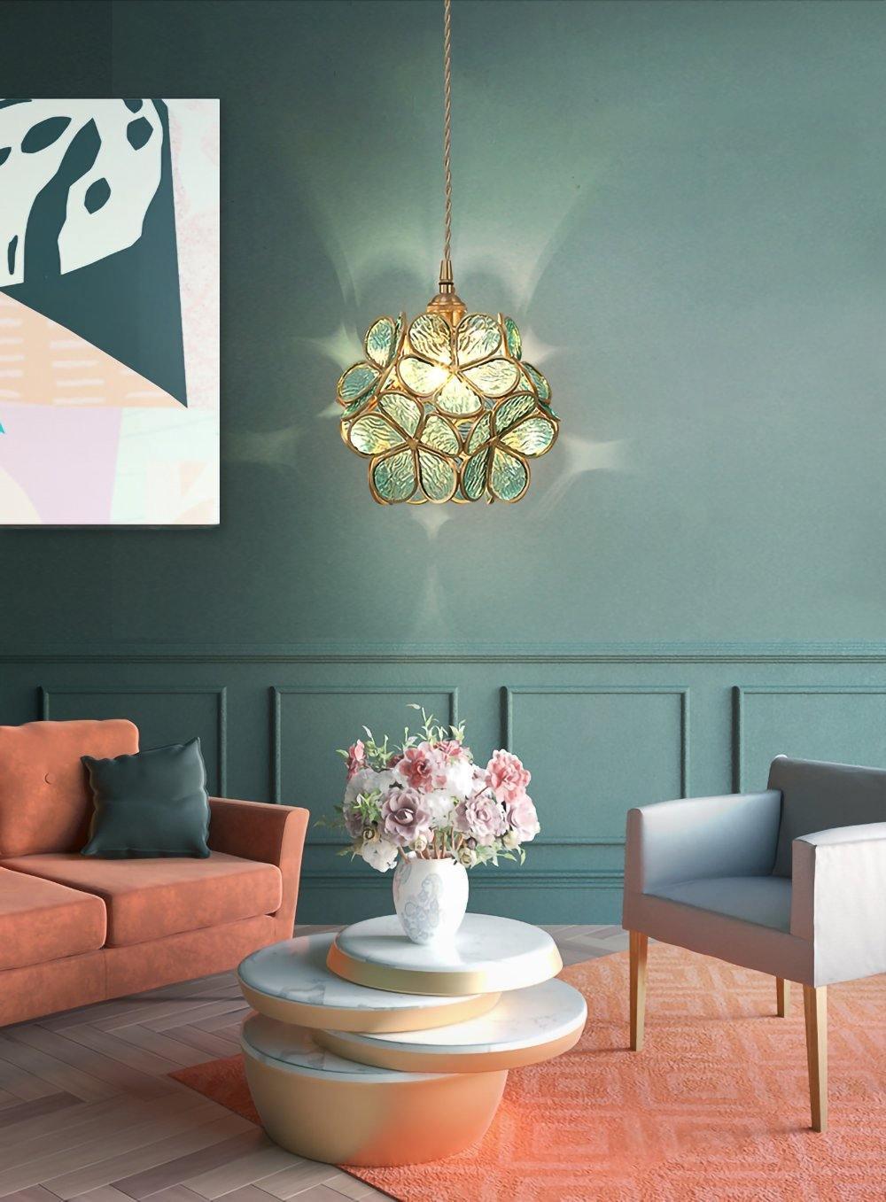 Vintage Brass Floral Glass Globe Pendant Light 1-Light