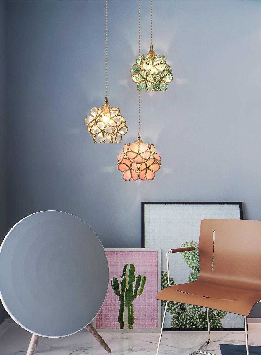 Vintage Brass Floral Glass Globe Pendant Light 1-Light