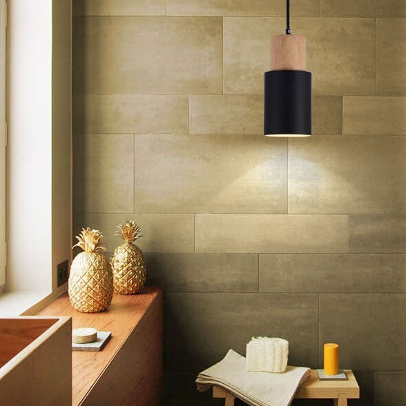 Lampada a sospensione nordica a cilindro in legno con LED a 1 luce