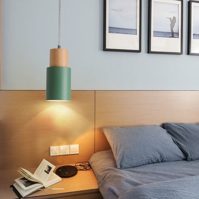 Lampada a sospensione nordica a cilindro in legno con LED a 1 luce