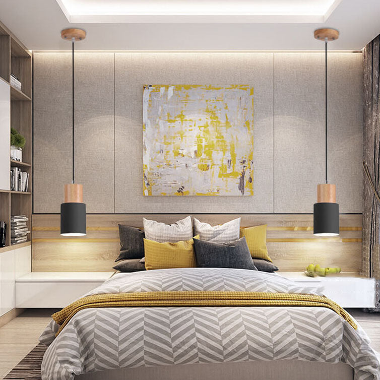 Lampada a sospensione nordica a cilindro in legno con LED a 1 luce