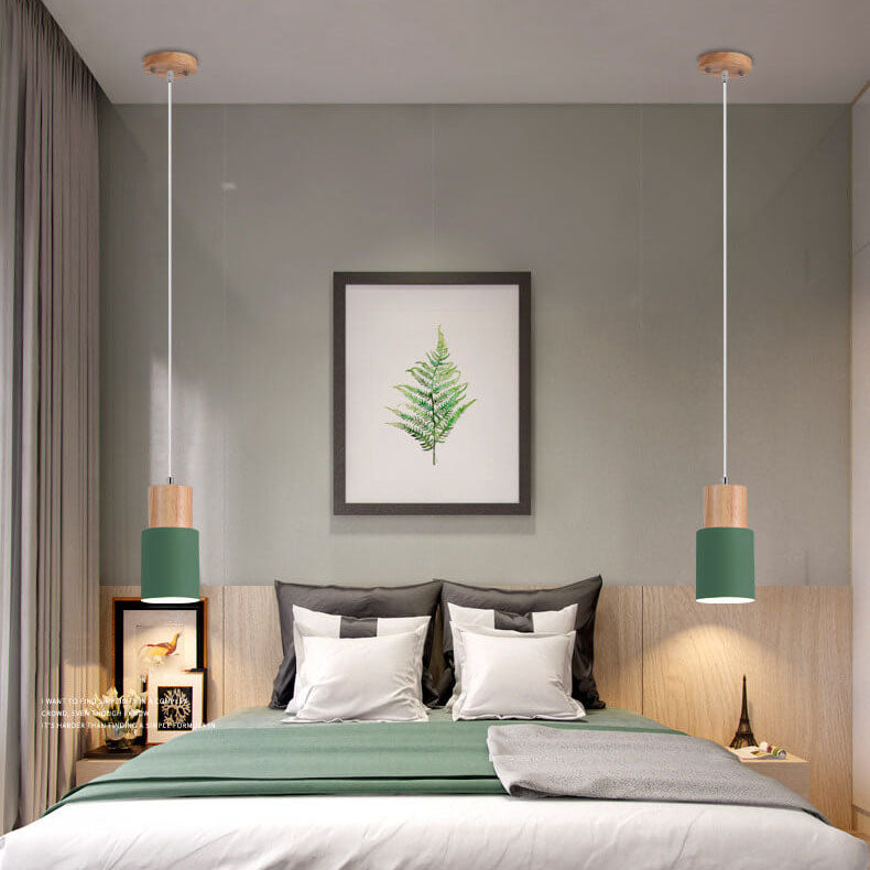 Lampada a sospensione nordica a cilindro in legno con LED a 1 luce
