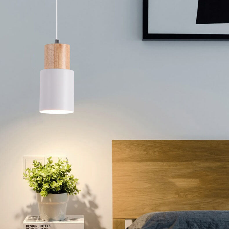 Lampada a sospensione nordica a cilindro in legno con LED a 1 luce