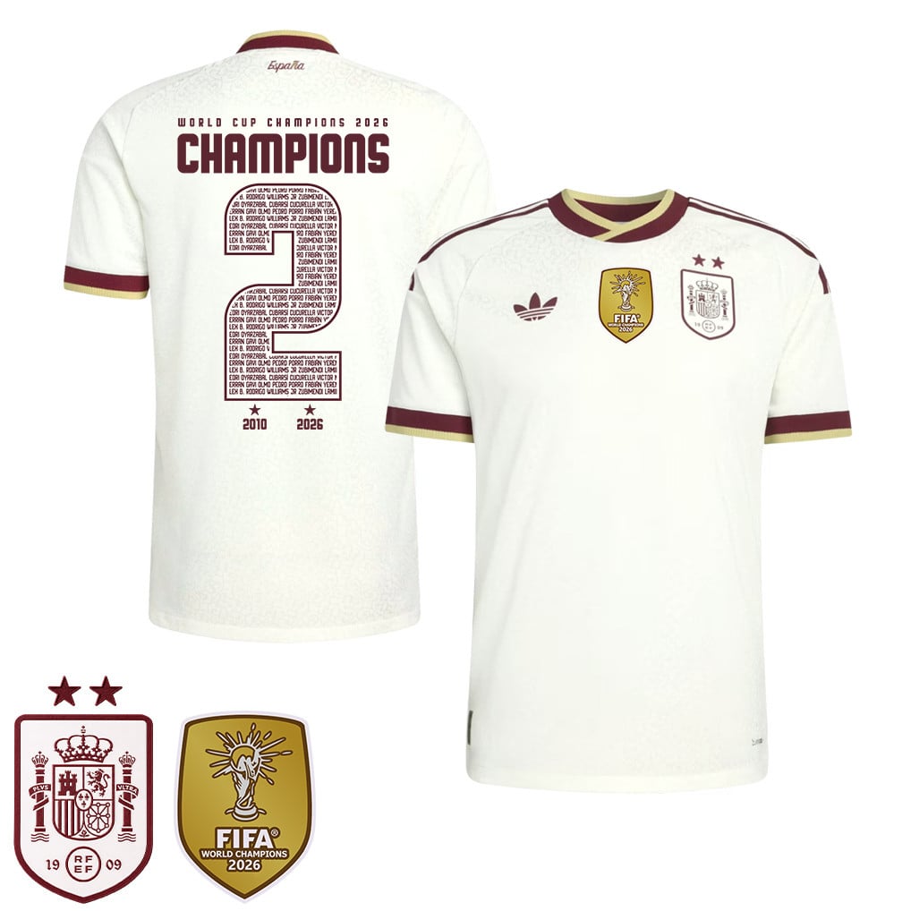 Camiseta de visitante para niños de España campeones del Mundial 2026 con dos estrellas