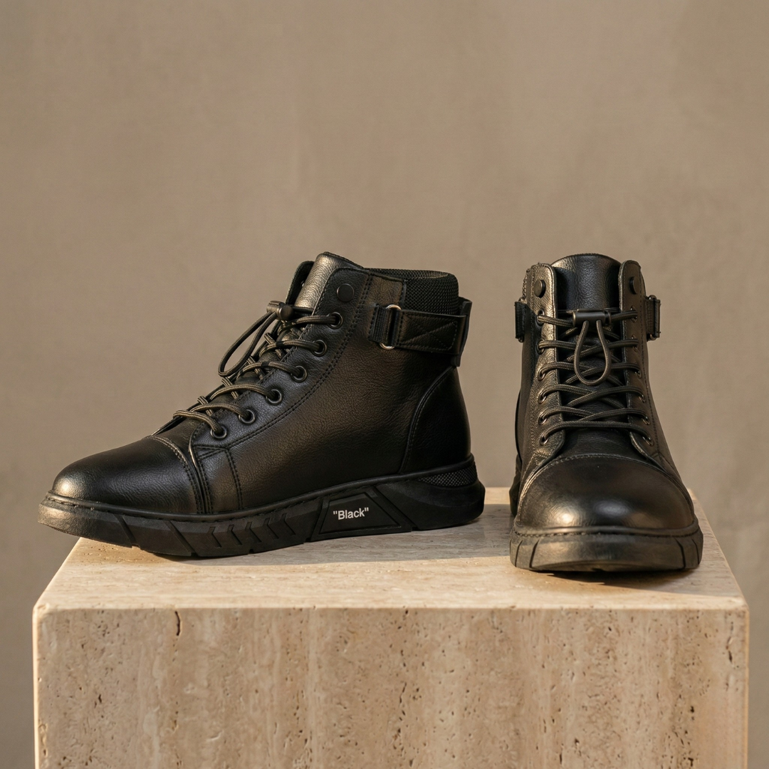 Black High-Top Leather Orthopedic Boots Side zip