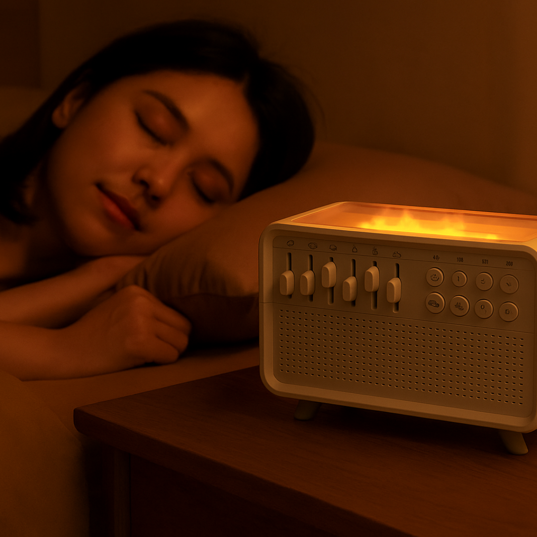 All-in-One White Noise Machine with Humidifier & Flame Light – Relaxation & Deep Sleep Solution