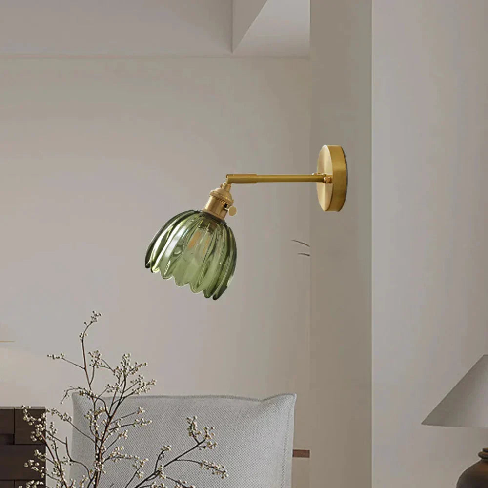 Vintage Brass Tulip Glass Wall Sconce 1-Light