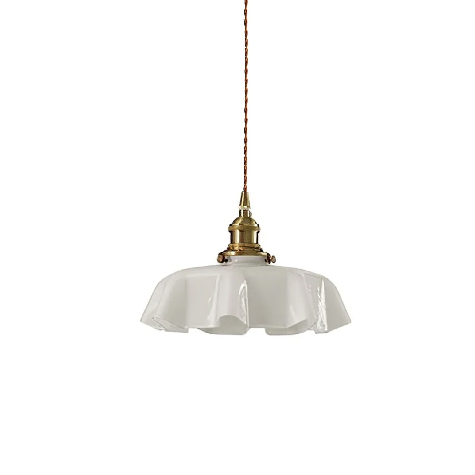 Lampada a sospensione francese in vetro arricciato e ottone 1 luce