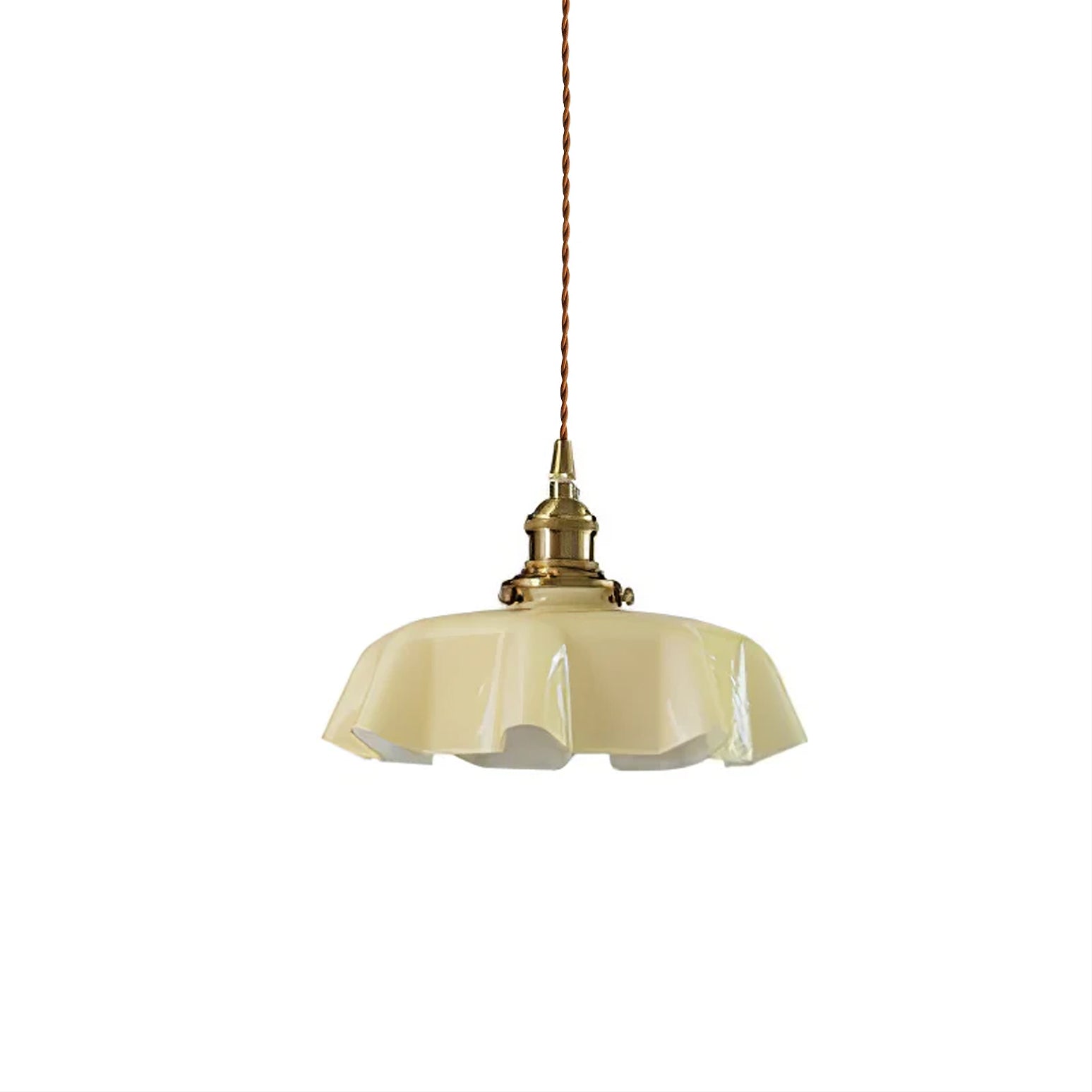 Lampada a sospensione francese in vetro arricciato e ottone 1 luce
