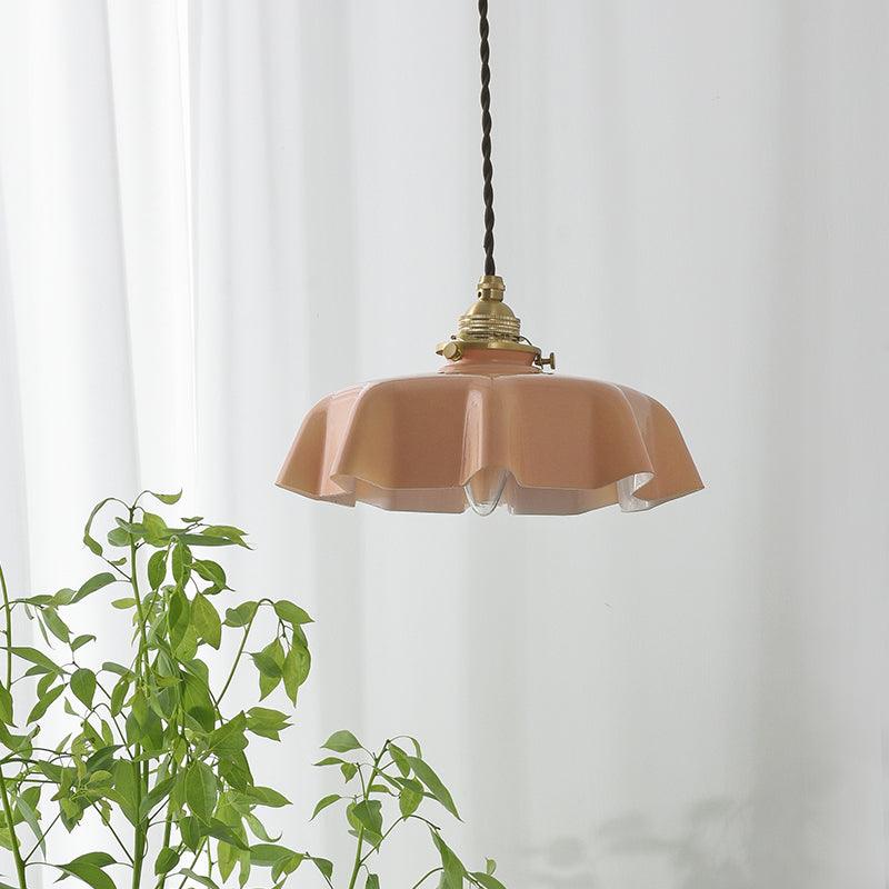 Lampada a sospensione francese in vetro arricciato e ottone 1 luce