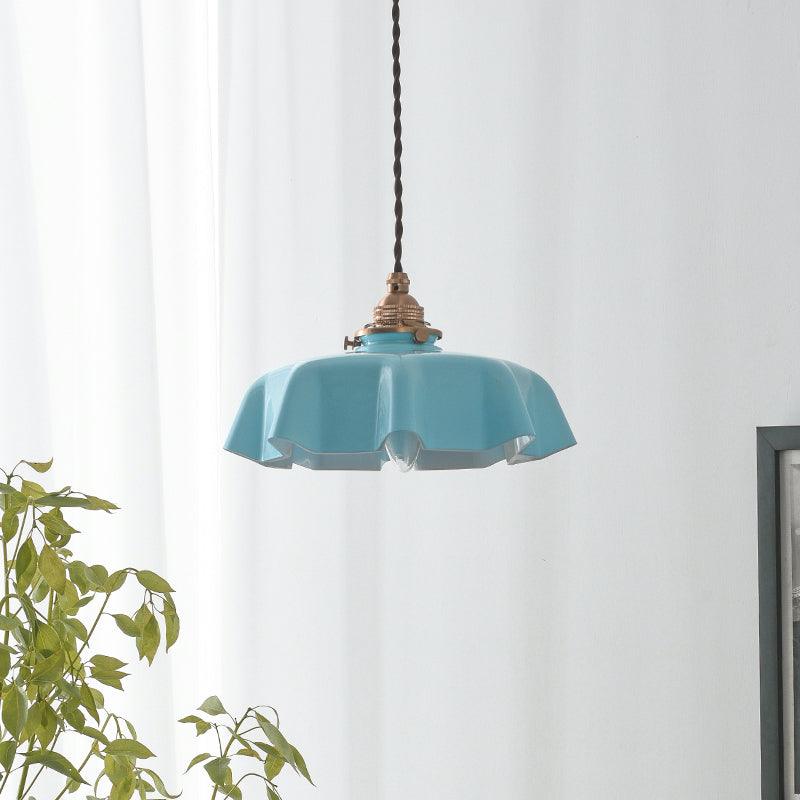 Lampada a sospensione francese in vetro arricciato e ottone 1 luce