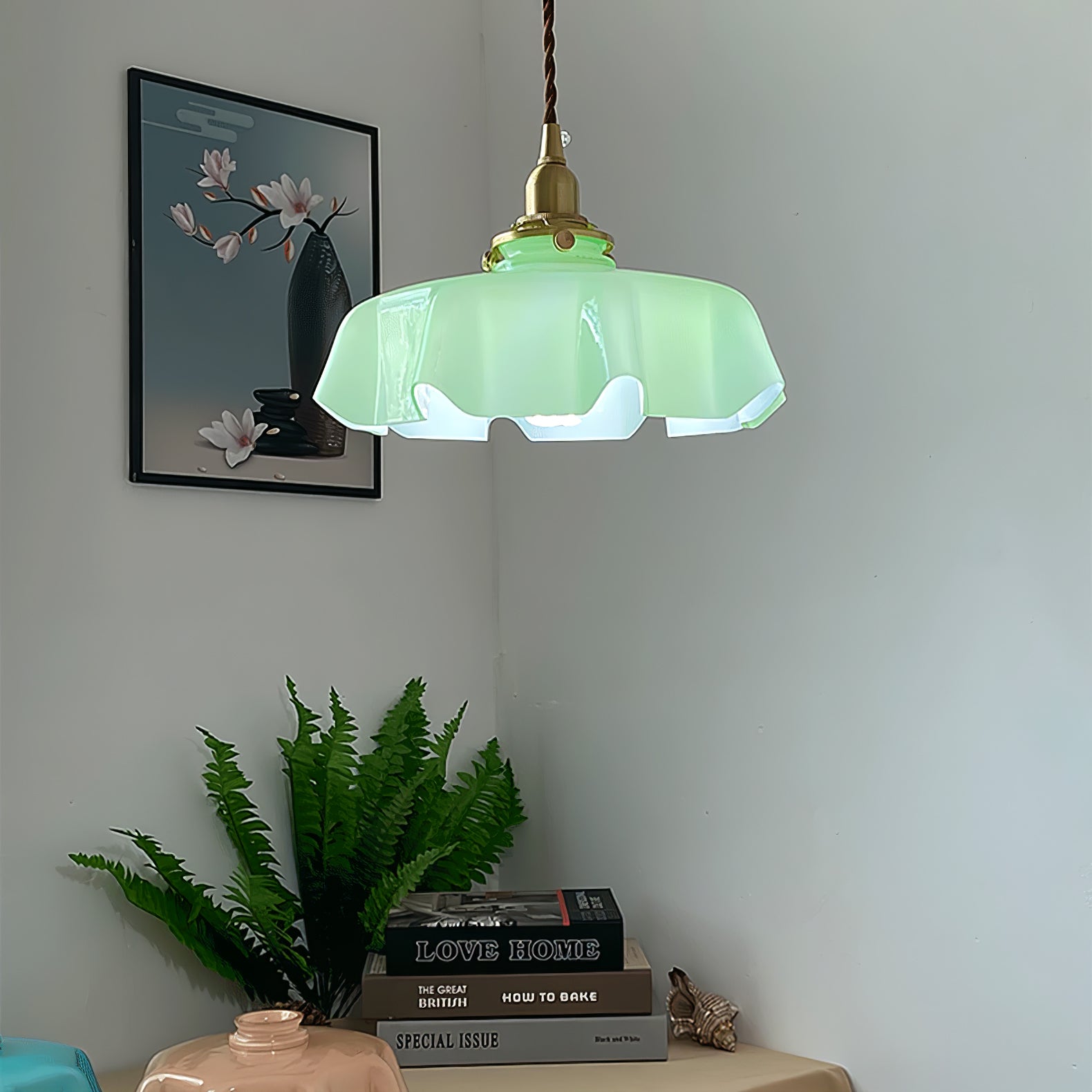 Lampada a sospensione francese in vetro arricciato e ottone 1 luce