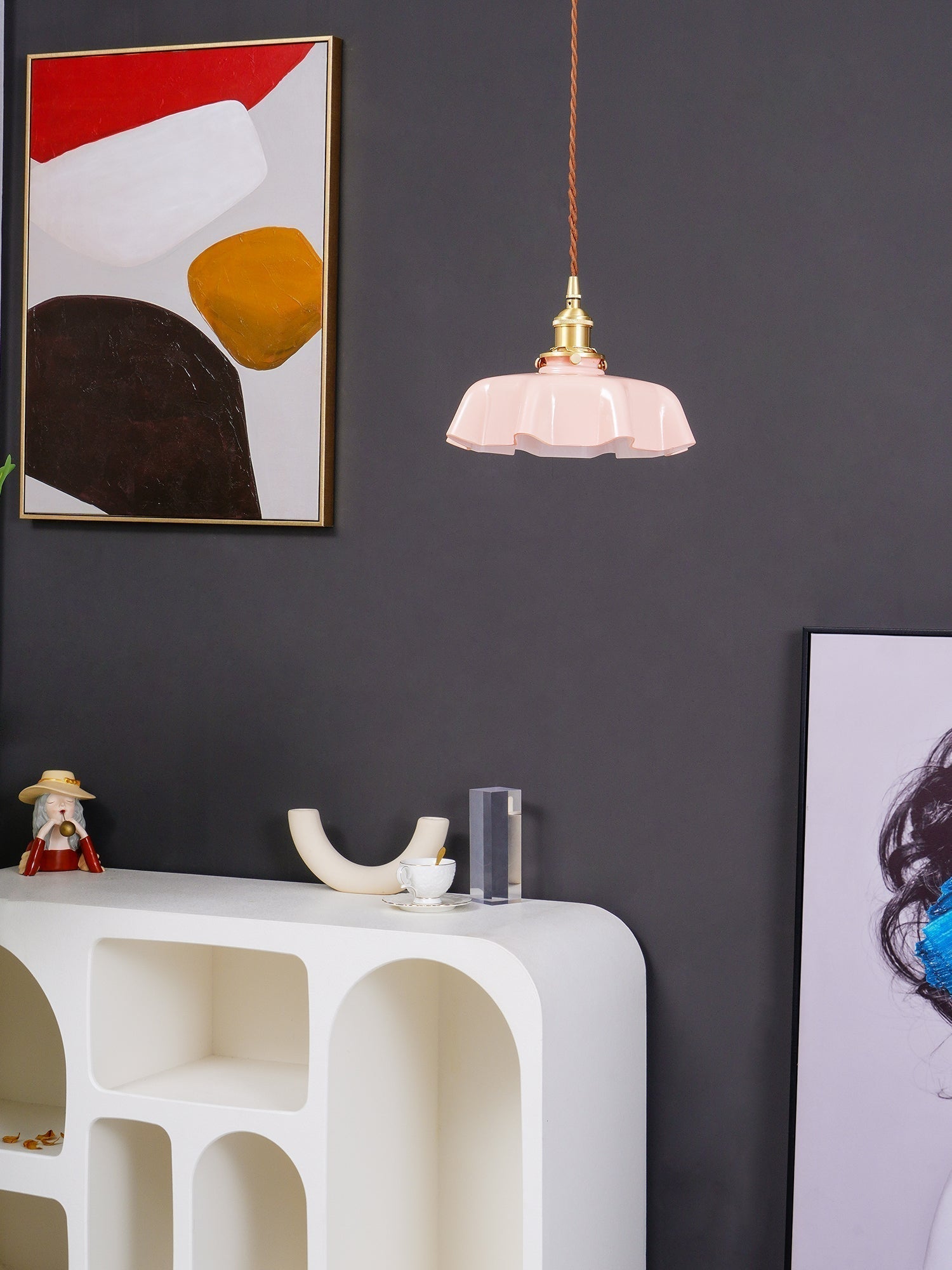 Lampada a sospensione francese in vetro arricciato e ottone 1 luce