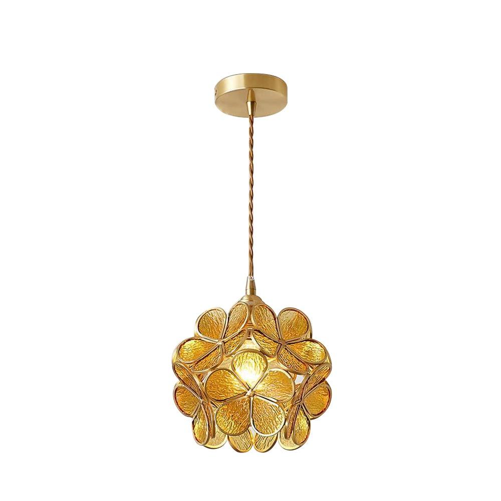 Vintage Brass Floral Glass Globe Pendant Light 1-Light