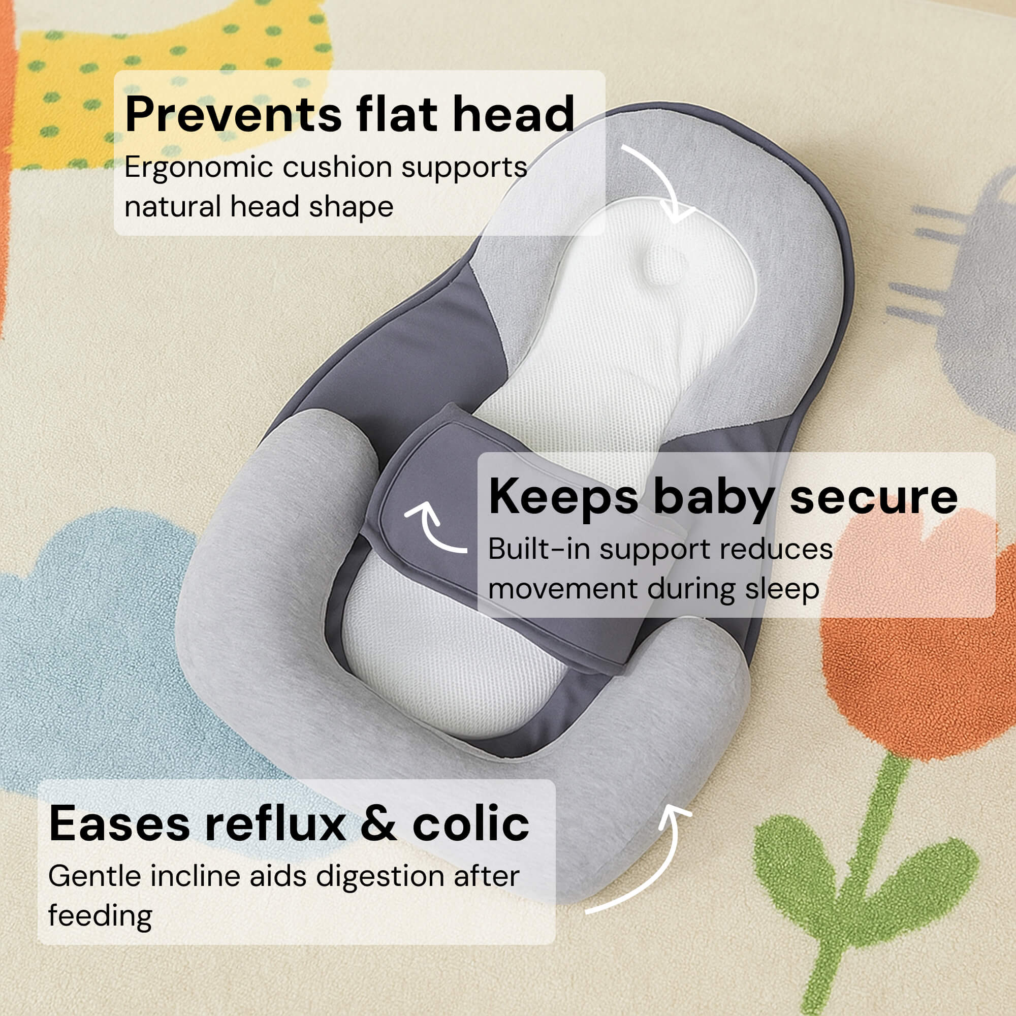 Cuscino per reflusso neonatale – Nido per neonati con cuneo a 15° | Cuscino anti-reflusso portatile e nido per il sonno del bambino per sollievo dal coliche