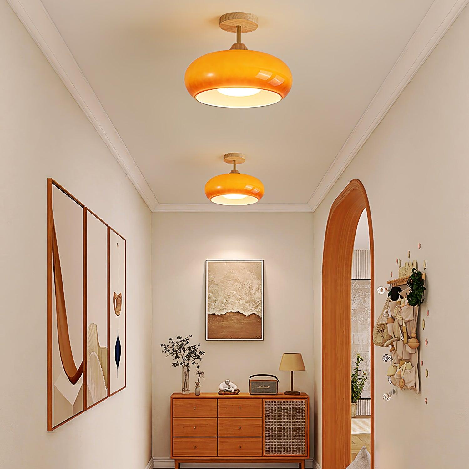 Nordic Wooden Dome Glass LED Semi-Flush Mount Ceiling Light 1-Light