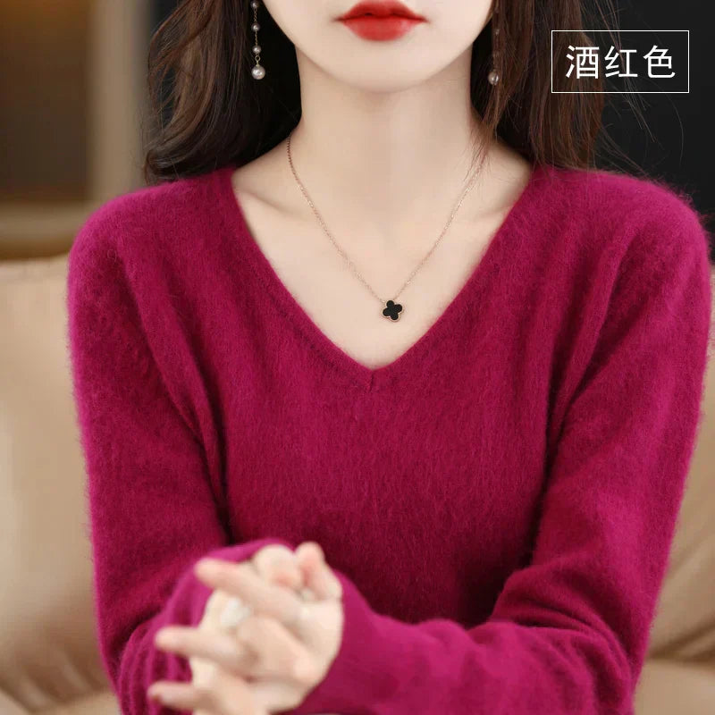 Maglione a V in cashmere 100% LunaWeave da donna, vestibilità slim
