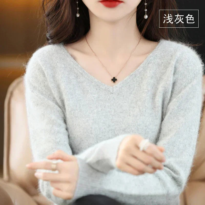 Maglione a V in cashmere 100% LunaWeave da donna, vestibilità slim
