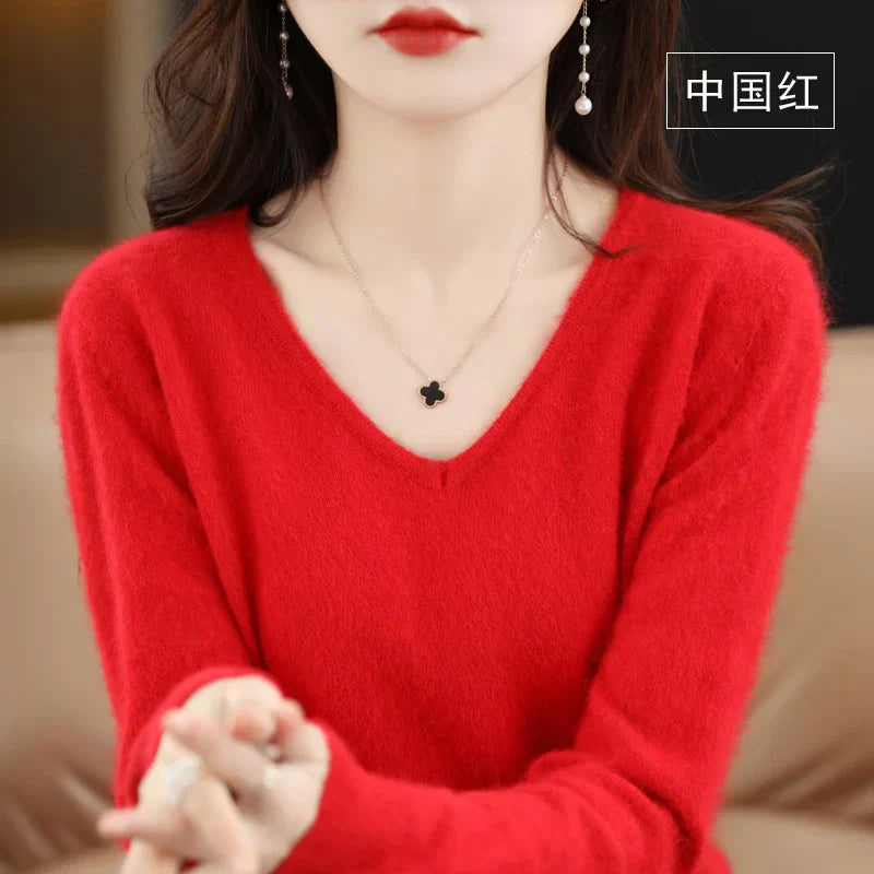 Maglione a V in cashmere 100% LunaWeave da donna, vestibilità slim