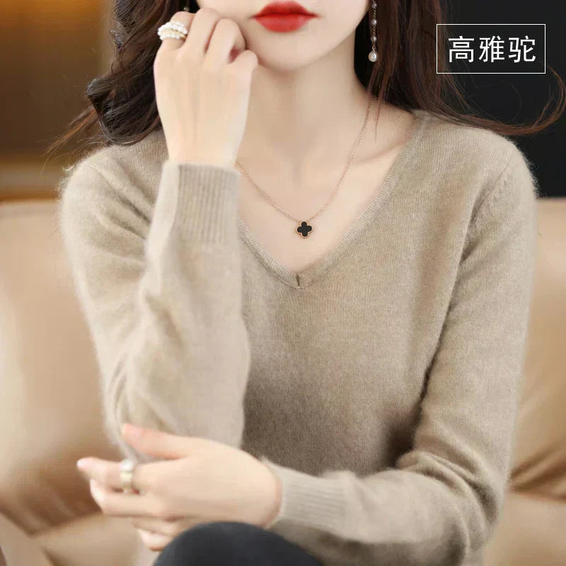 Maglione a V in cashmere 100% LunaWeave da donna, vestibilità slim