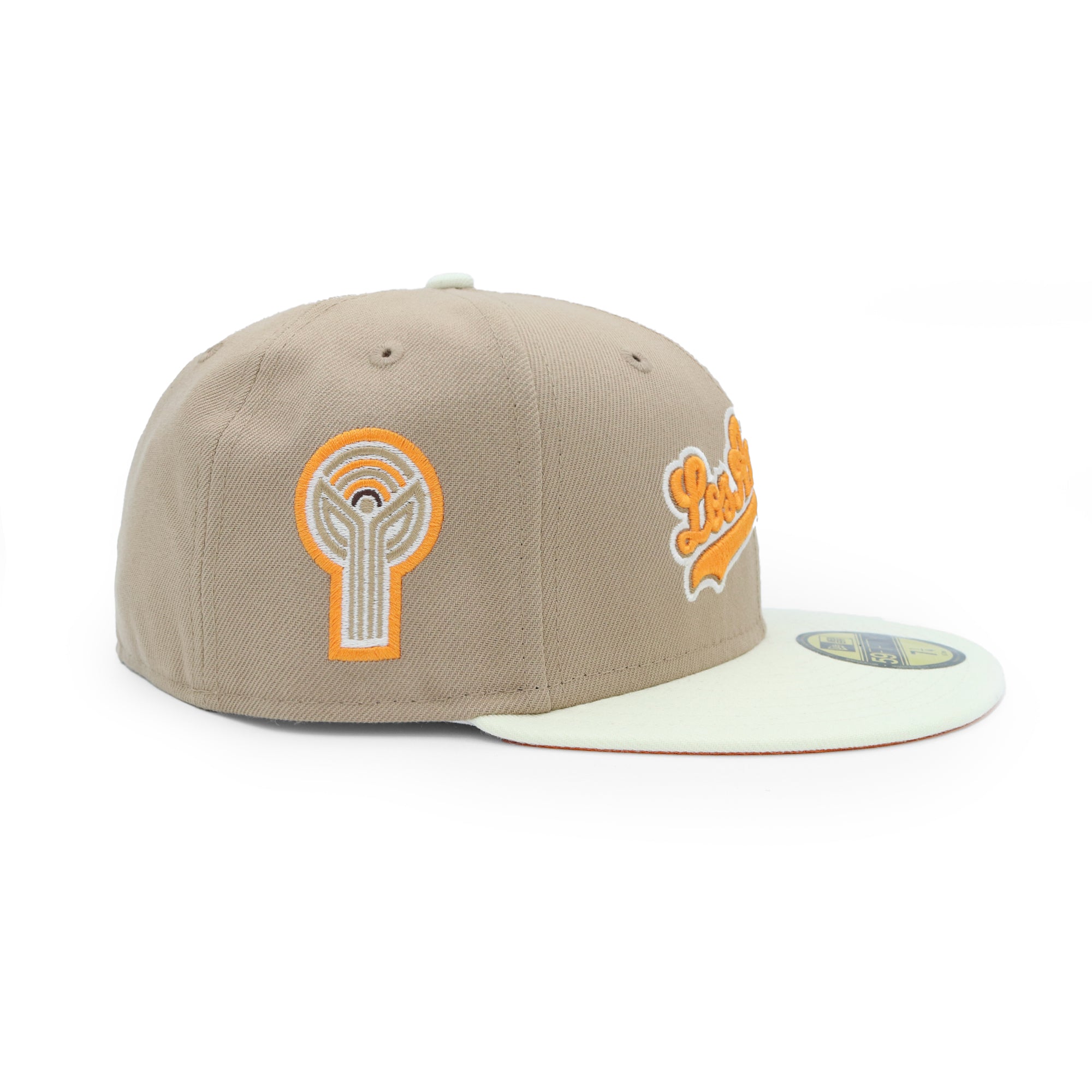 Los Angeles Dodgers Cappello 59FIFTY Script Bicolore Kahki Arancione