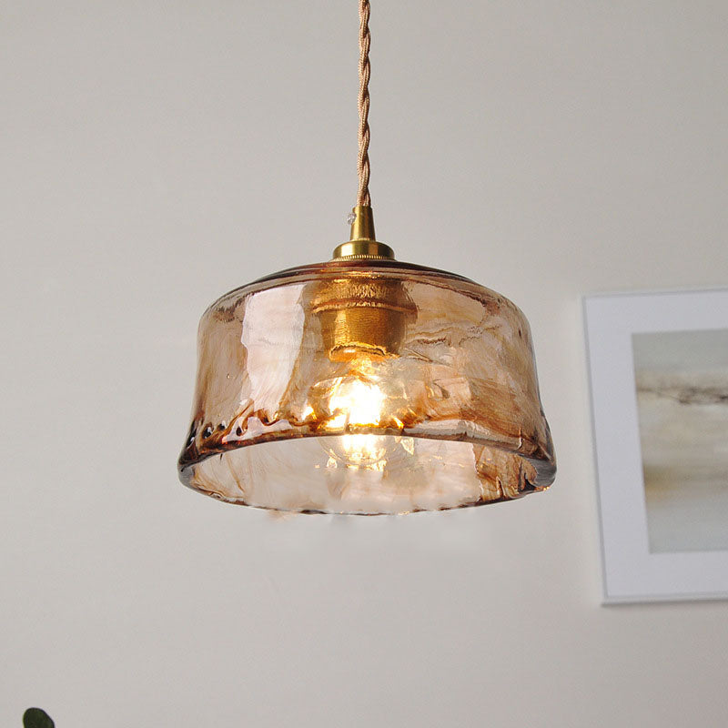 Lampada a sospensione vintage in ottone con vetro tondo ambra 1 luce