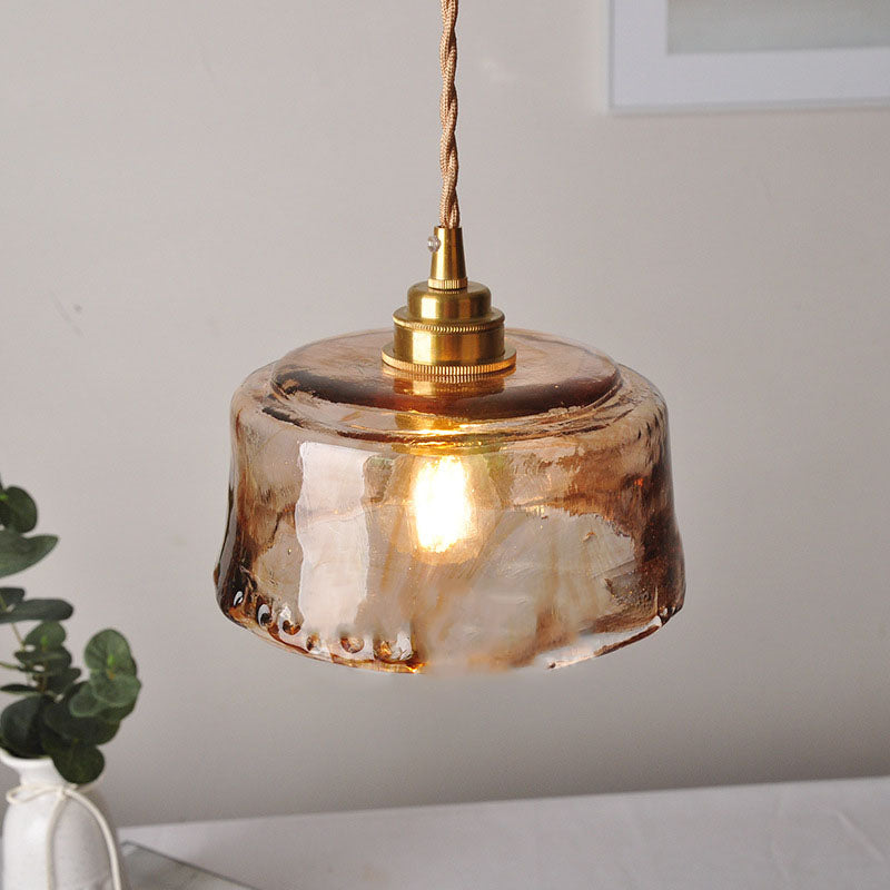 Lampada a sospensione vintage in ottone con vetro tondo ambra 1 luce
