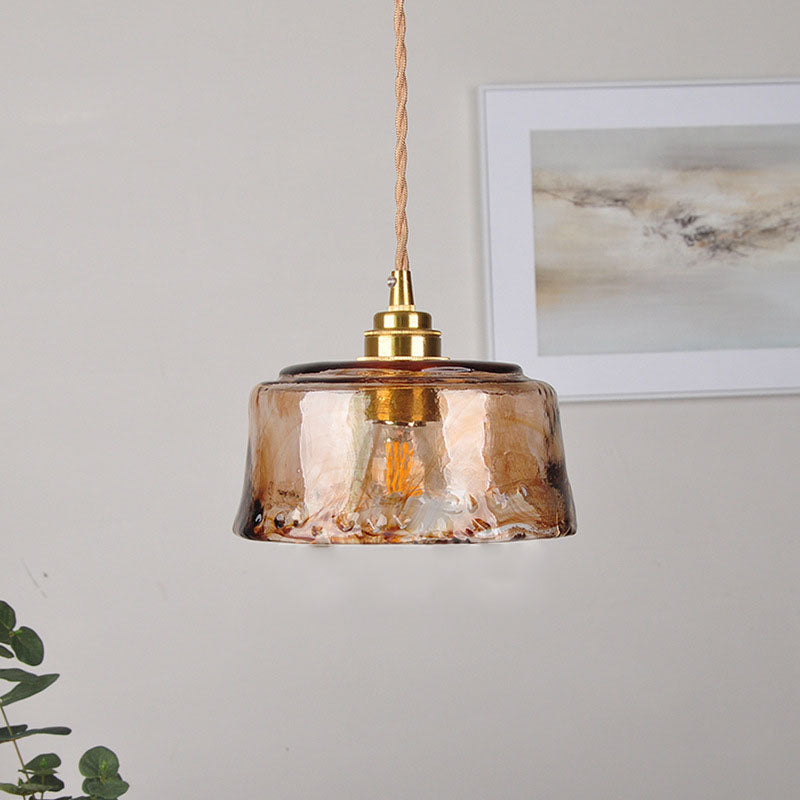 Lampada a sospensione vintage in ottone con vetro tondo ambra 1 luce