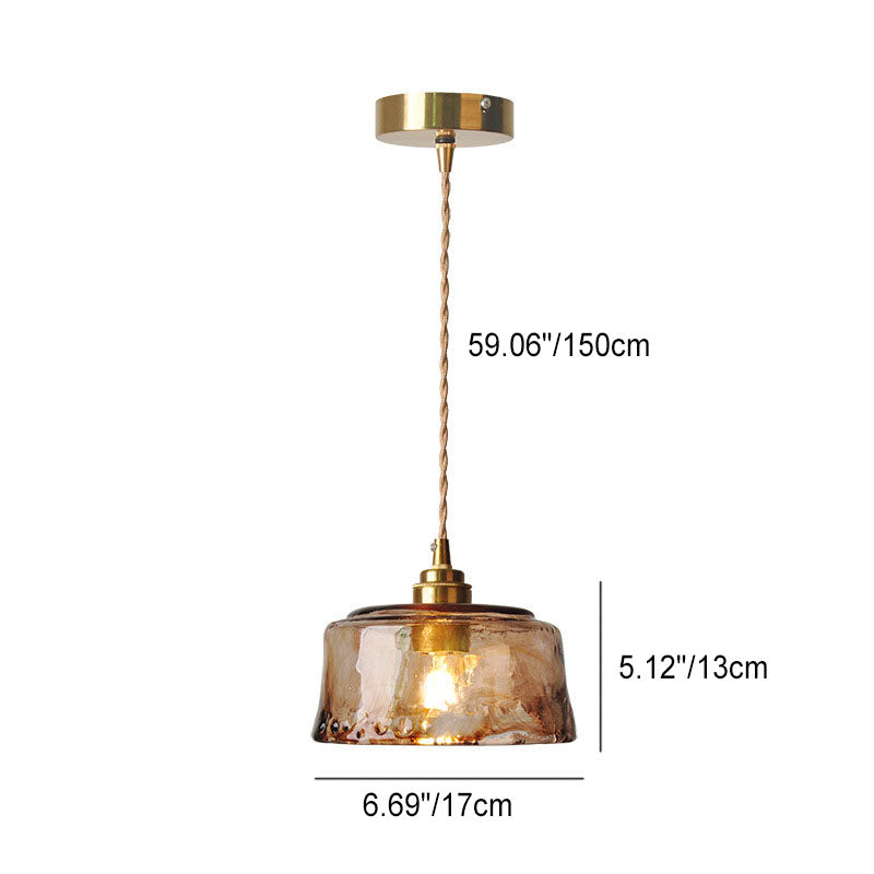 Lampada a sospensione vintage in ottone con vetro tondo ambra 1 luce