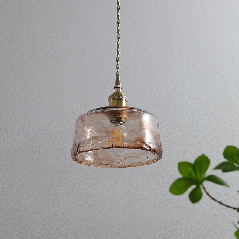 Lampada a sospensione vintage in ottone con vetro tondo ambra 1 luce
