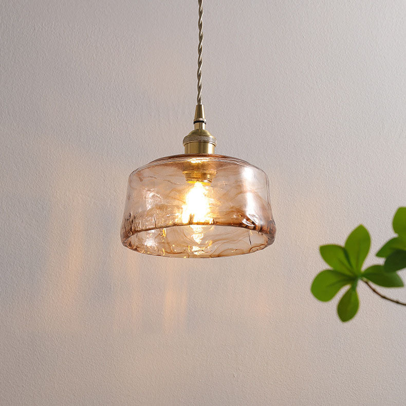 Lampada a sospensione vintage in ottone con vetro tondo ambra 1 luce