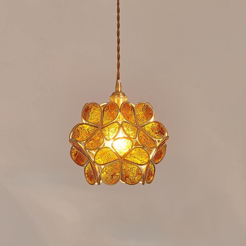 Vintage Brass Floral Glass Globe Pendant Light 1-Light