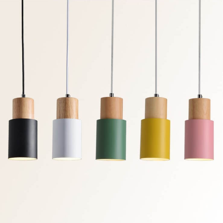 Lampada a sospensione nordica a cilindro in legno con LED a 1 luce