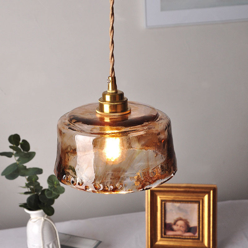 Lampada a sospensione vintage in ottone con vetro tondo ambra 1 luce
