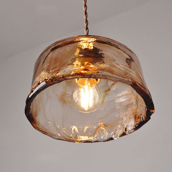 Lampada a sospensione vintage in ottone con vetro tondo ambra 1 luce