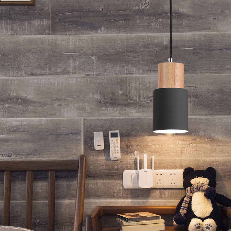 Lampada a sospensione nordica a cilindro in legno con LED a 1 luce