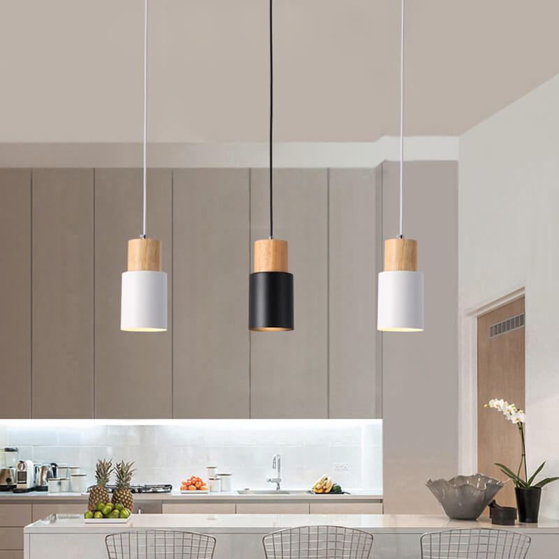 Lampada a sospensione nordica a cilindro in legno con LED a 1 luce