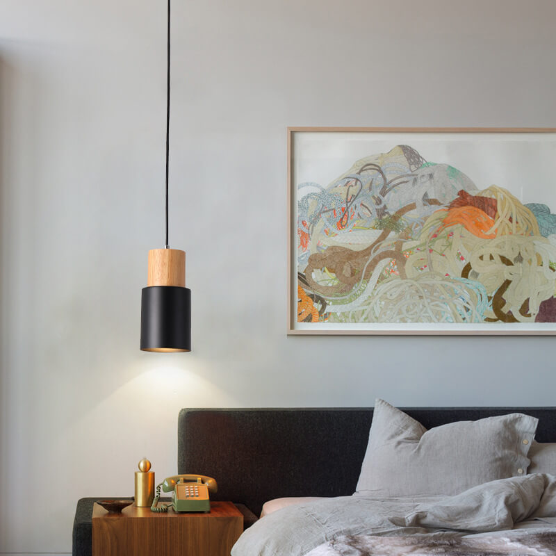 Lampada a sospensione nordica a cilindro in legno con LED a 1 luce