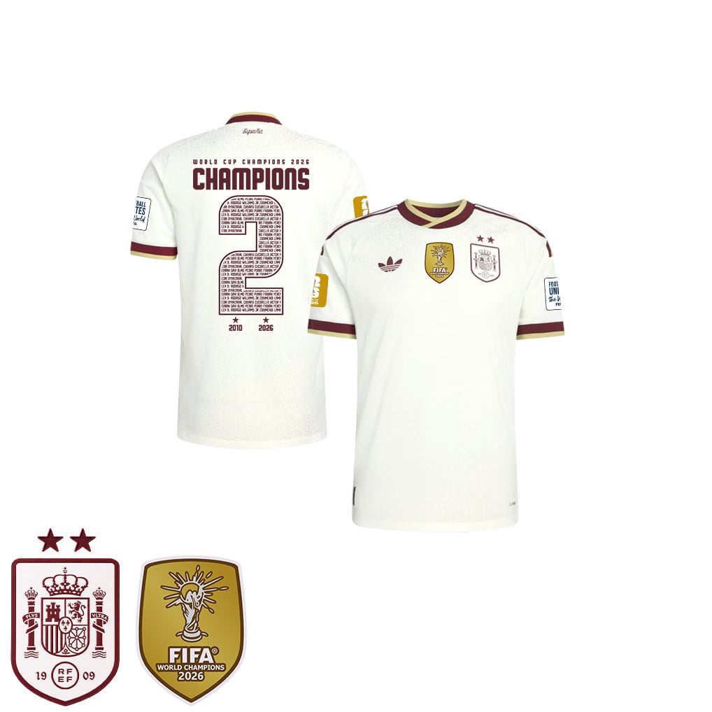Camiseta de visitante para niños de España campeones del Mundial 2026 con dos estrellas  