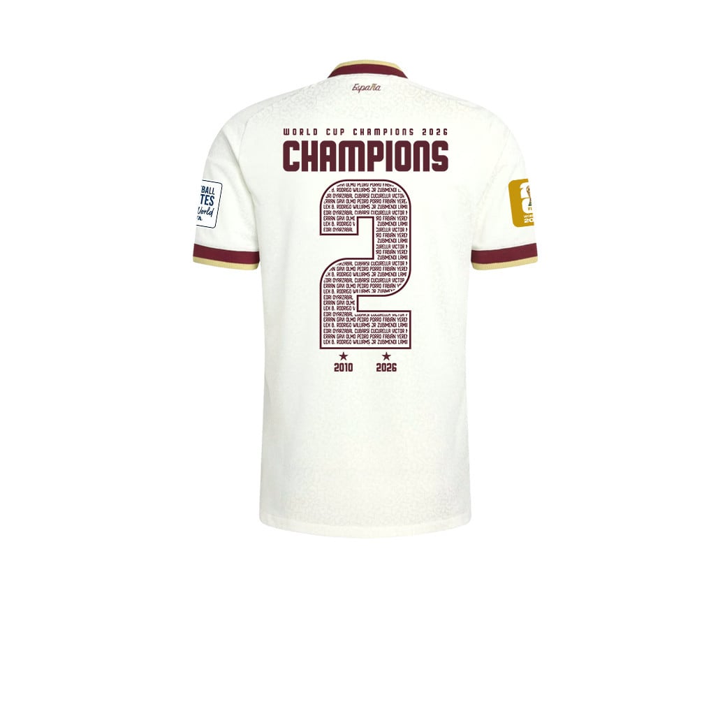 Camiseta de visitante para niños de España campeones del Mundial 2026 con dos estrellas  