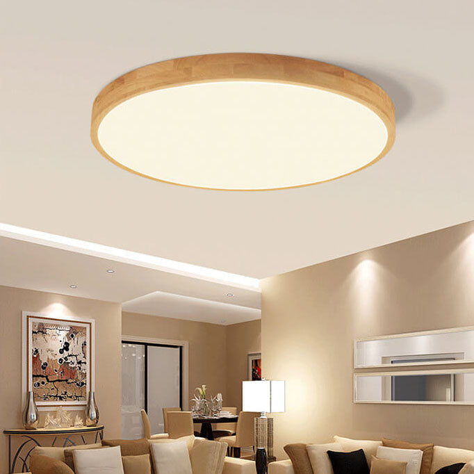 Nordic Solid Wood Round Ultra-thin LED Flush Mount Ceiling 1-Light