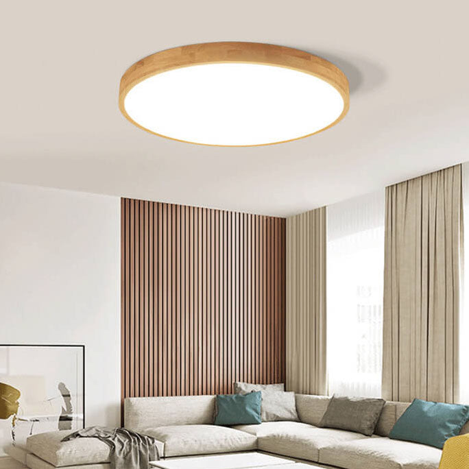 Nordic Solid Wood Round Ultra-thin LED Flush Mount Ceiling 1-Light