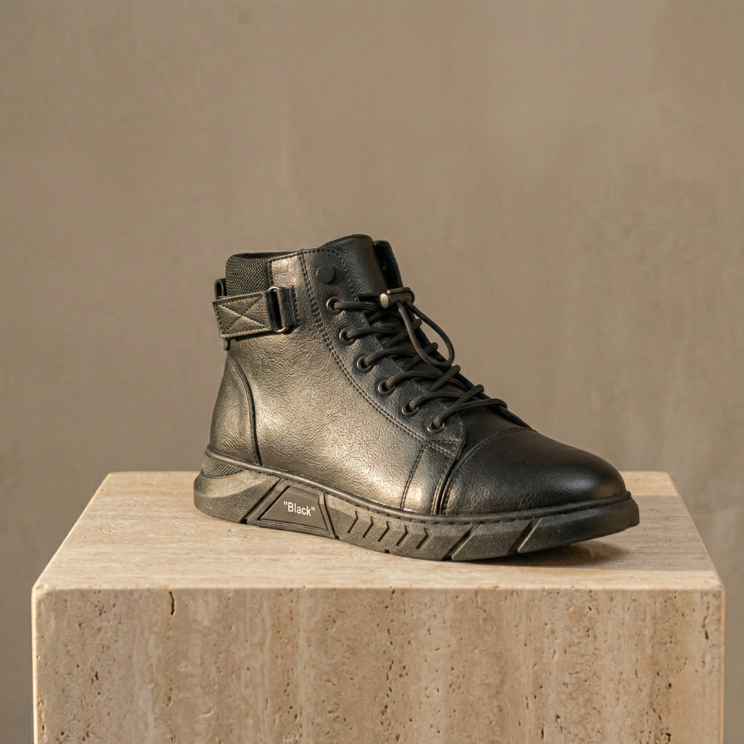 Black High-Top Leather Orthopedic Boots Side zip
