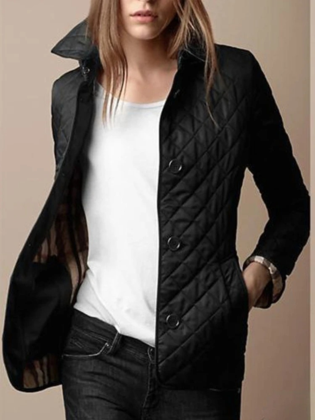 Women’s Casual Quilted Jacket with Turned-Down Collar