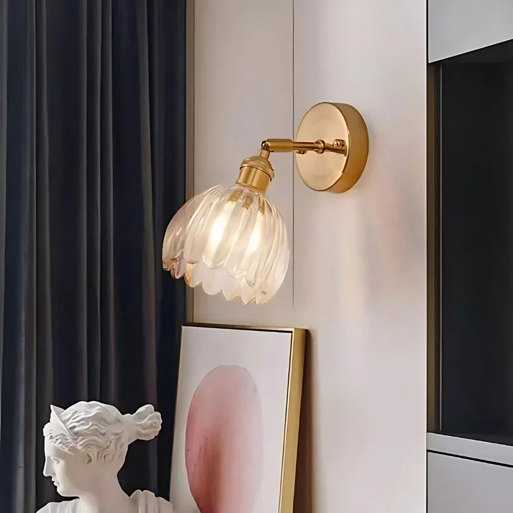 Vintage Brass Tulip Glass Wall Sconce 1-Light
