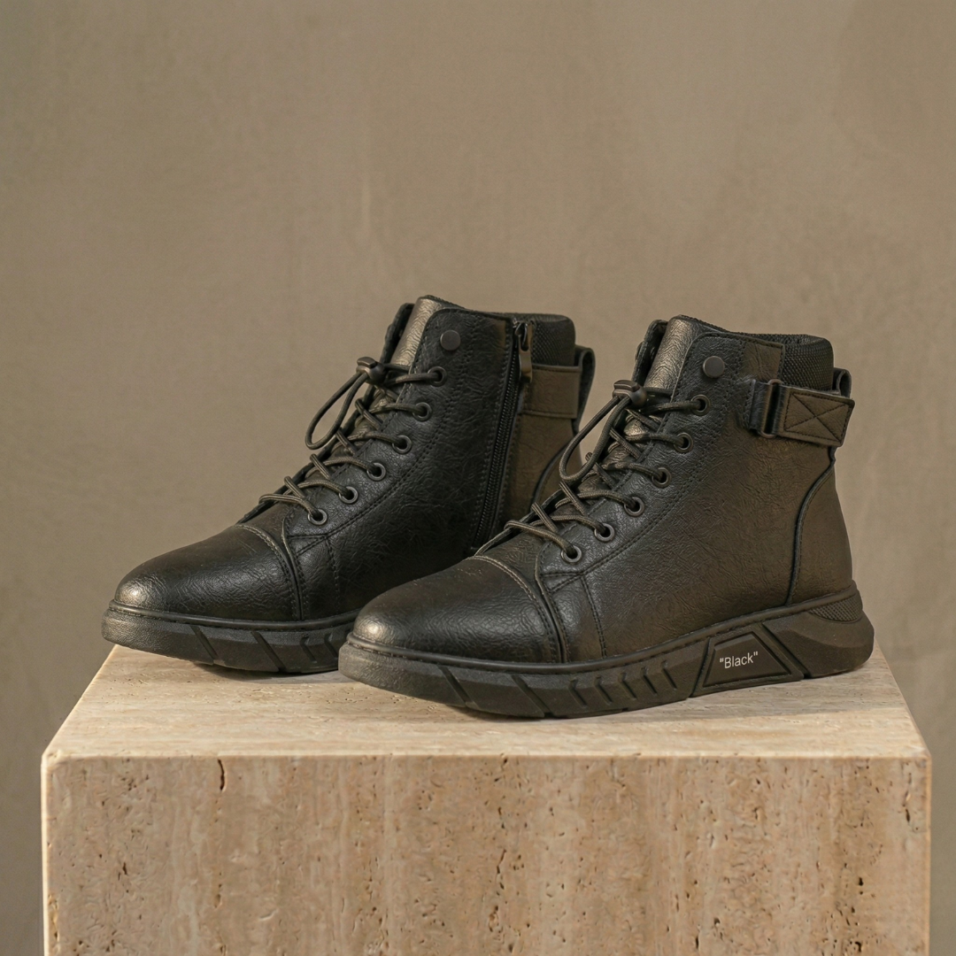 Black High-Top Leather Orthopedic Boots Side zip