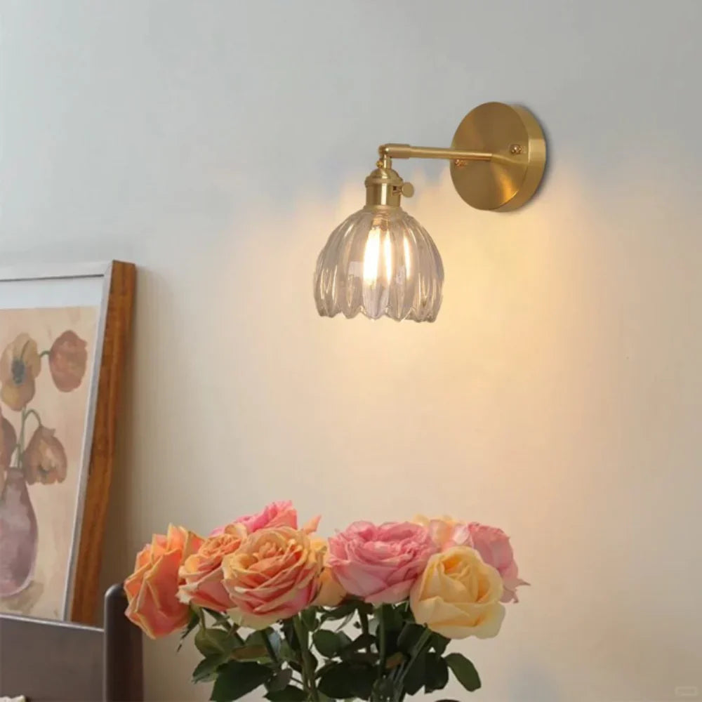 Vintage Brass Tulip Glass Wall Sconce 1-Light