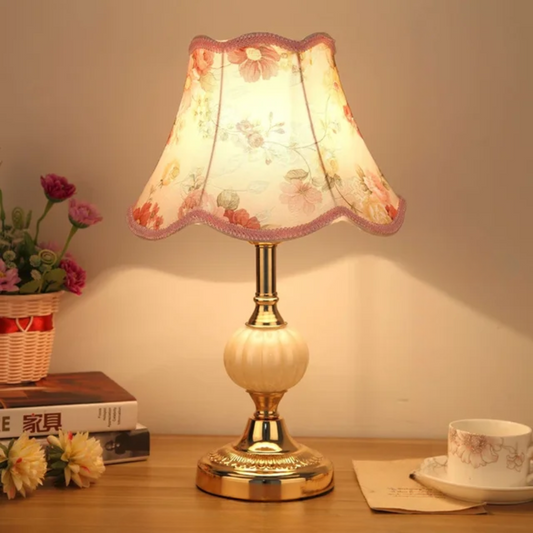 Vintage Floral Fabric Round Table Lamp With Glass Base 1-Light