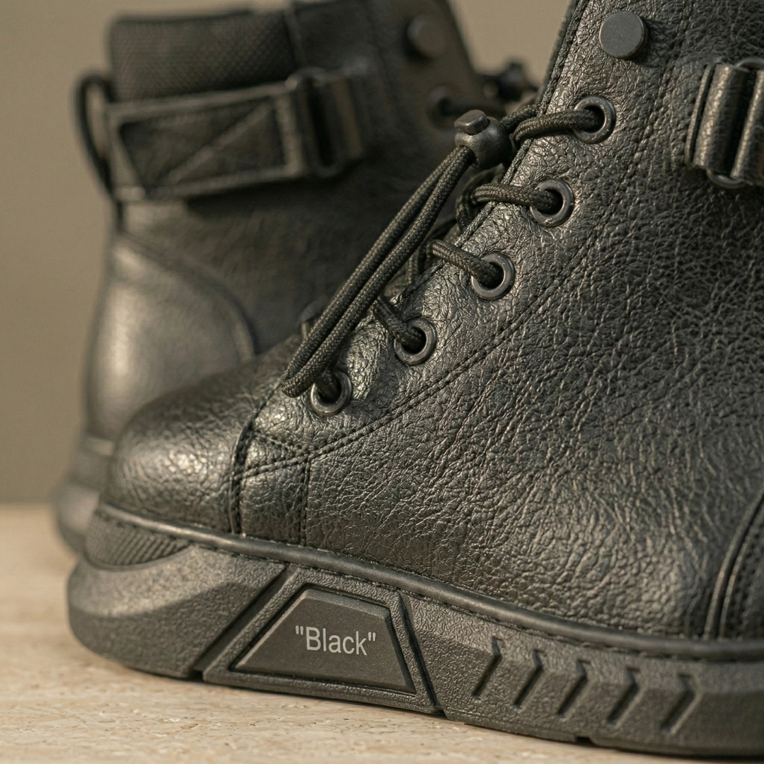 Black High-Top Leather Orthopedic Boots Side zip