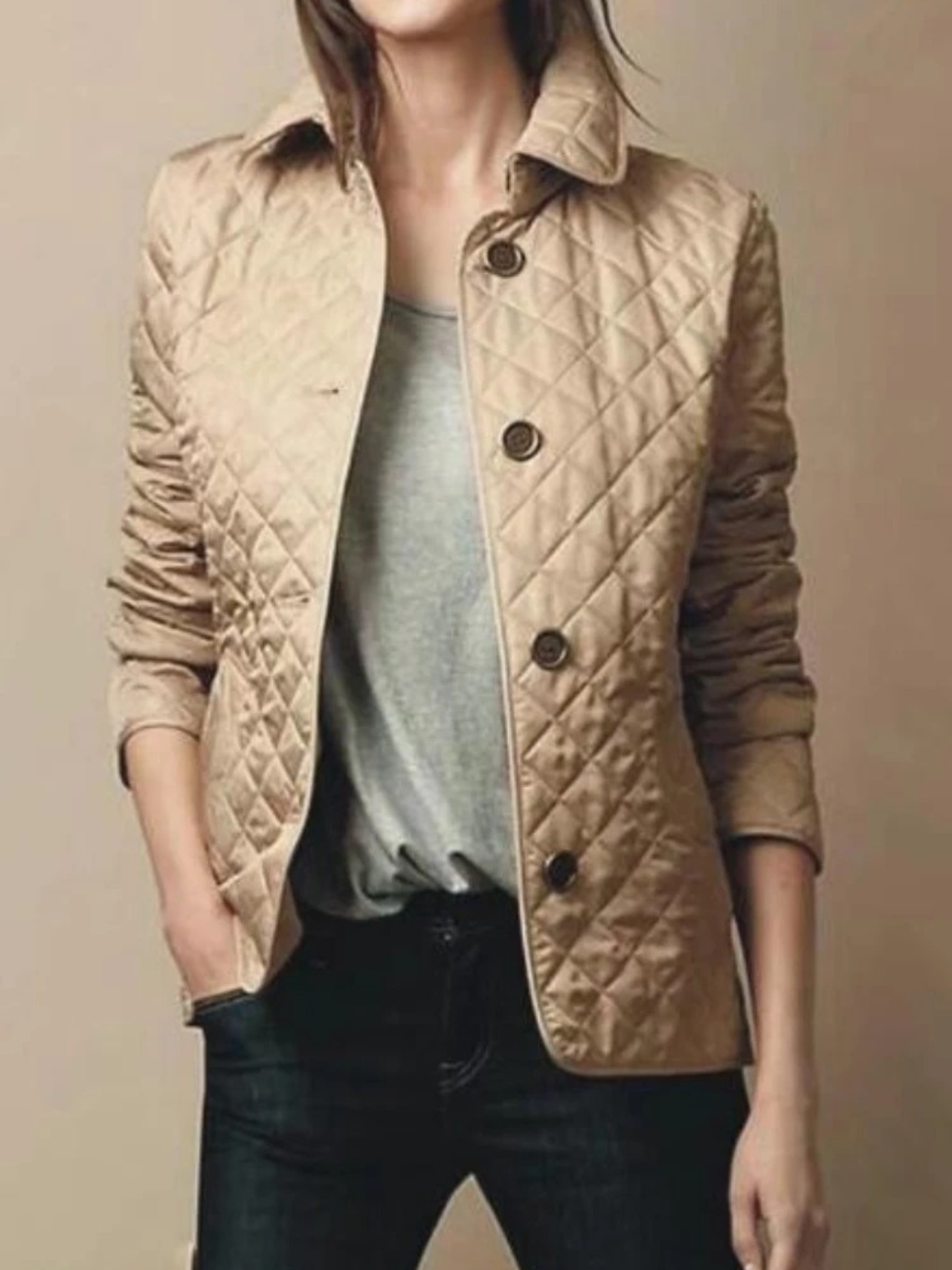 Women’s Casual Quilted Jacket with Turned-Down Collar